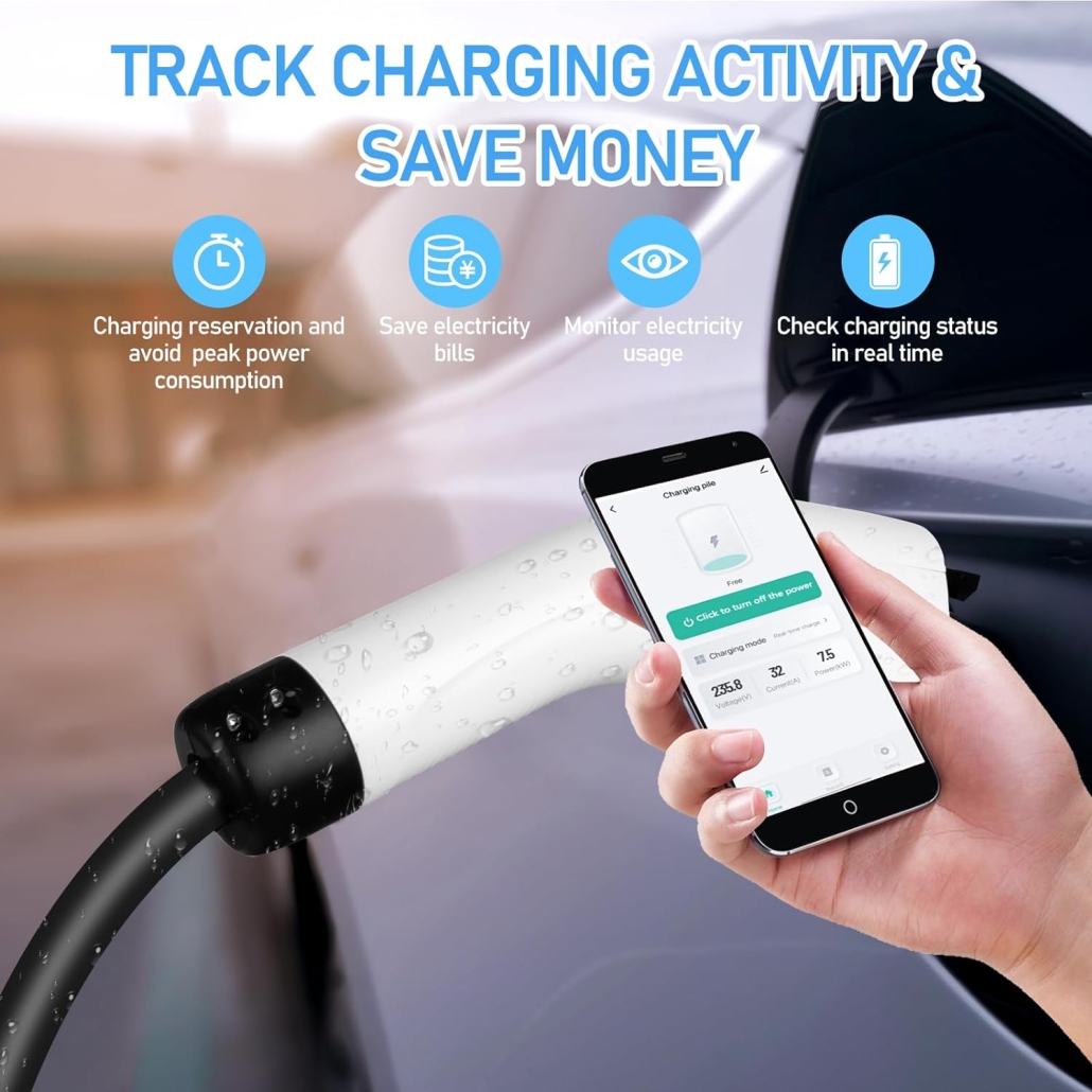 EV Charger Level 2, 8 to 32Amp, 240V,Portable Electric Car Charger Nema 14-50 Plug, WiFi Bluetooth Enabled EVSE, EV Charger 25FT Cable