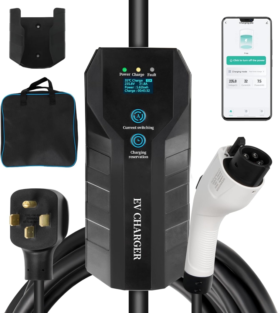 EV Charger Level 2, 8 to 32Amp, 240V,Portable Electric Car Charger Nema 14-50 Plug, WiFi Bluetooth Enabled EVSE, EV Charger 25FT Cable