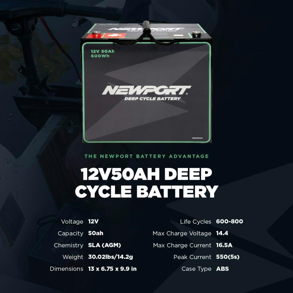 Newport 12V50Ah Deep Cycle Heavy-Duty Marine Battery, Lightweight Sealed AGM, Trolling Motor Compatible