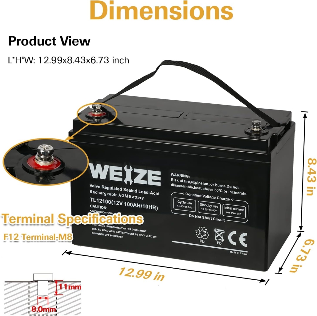 Weize Deep Cycle AGM 12 Volt 100Ah Battery, Maintenance-Free, 3% Self-Discharge Rate, 1150A Max Discharge Current, Perfect for RV, Solar, Trolling Motor, Wind, Marine, Camping and Off-Grid System