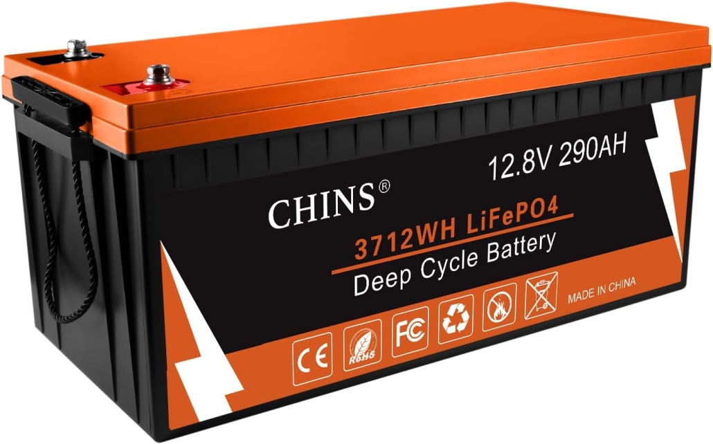 CHINS Bluetooth LiFePO4 Battery 12V 290AH Smart Lithium Battery, Built-in 200A BMS, 6000+ Cycles, Perfect for RV, Off-Grid, Solar Power System, Home Backup, UPS, Marine